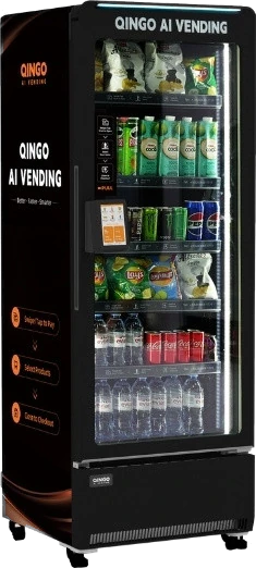 Qingo King 509 AI smart cooler stocked with drinks and snacks